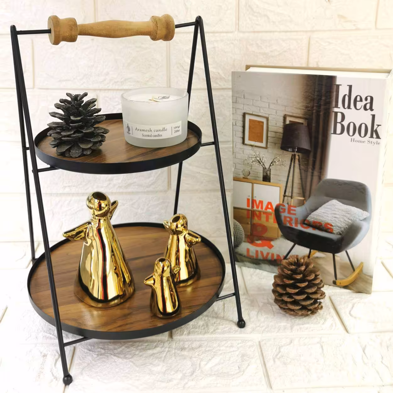 استند دو طبقه گرد دسته چوبی
کف چوبی 