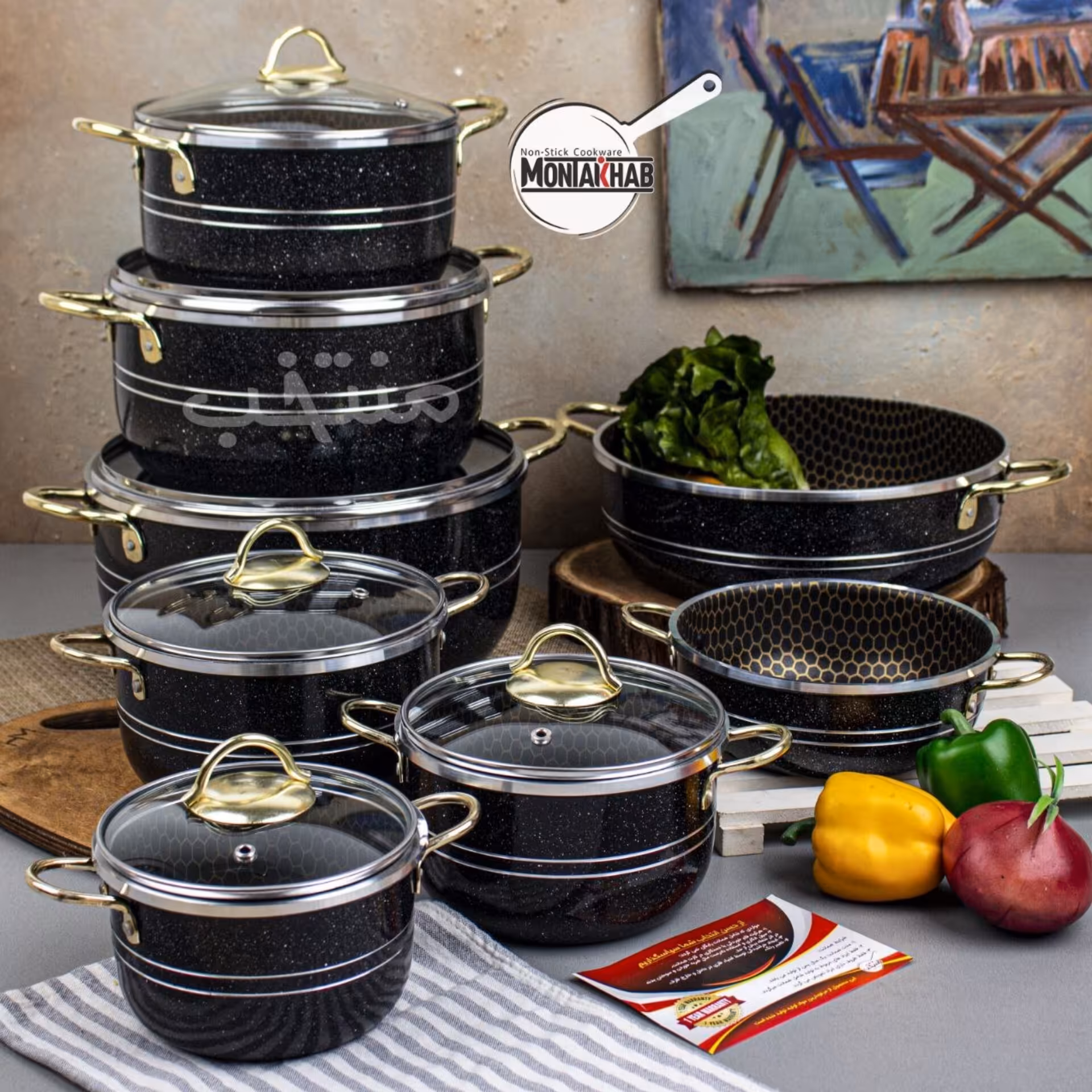 سرویس قابلمه 14 پارچه داخل زنبوری رنگ مشکی 