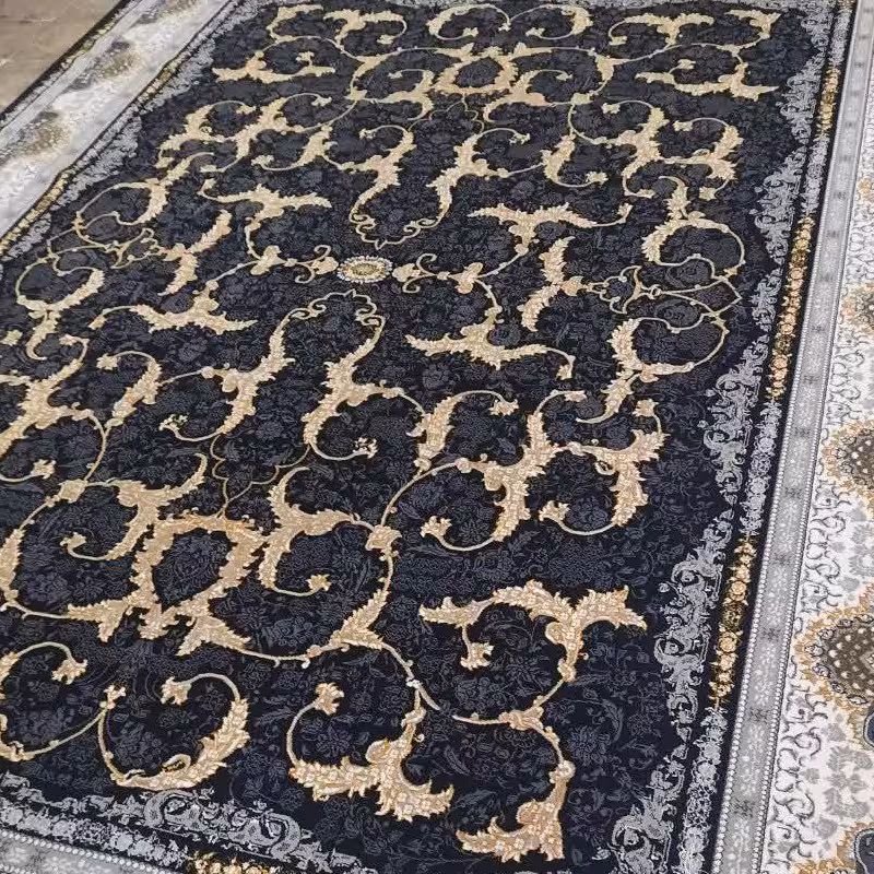 فرش ماشینی طرح زیبای لوتوس سورمه ای، 700 شانه، تراکم 2250، 6 متری طرح افشان بدون ترنج