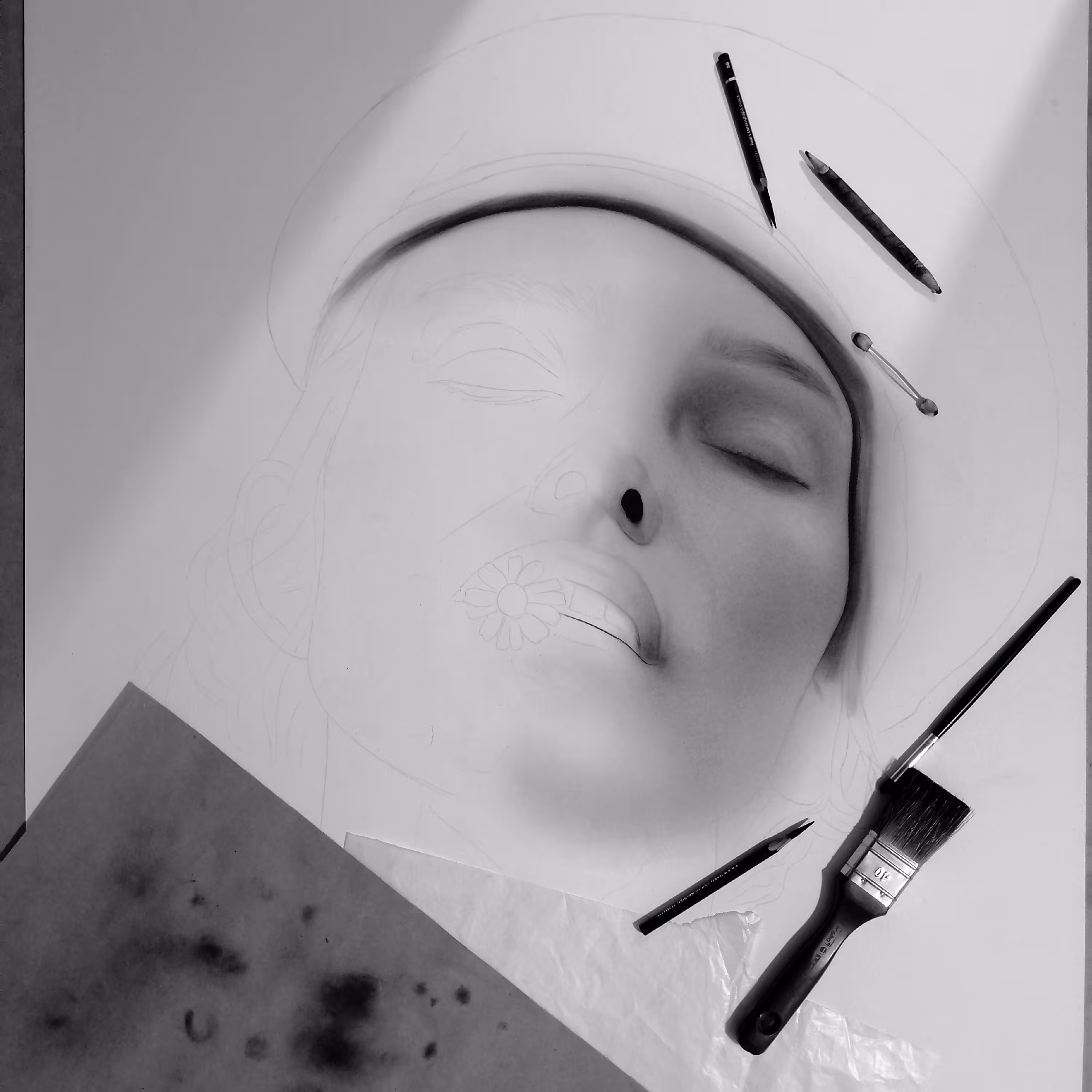 تابلو نیمه کاره  100 در 70 ، تکنیک سیاه قلم 