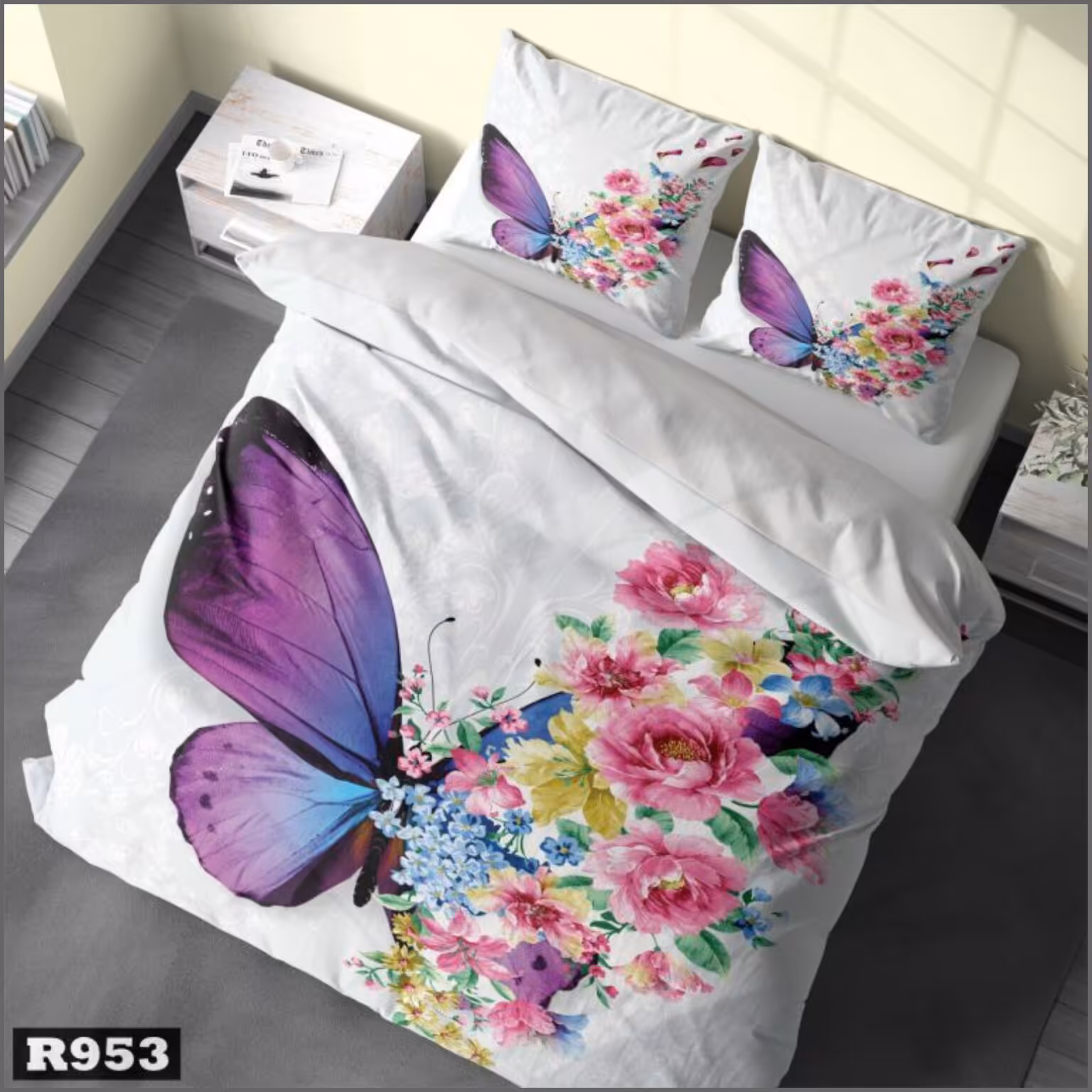 روتختی دونفره طرح پروانه و گل زمینه سفید مناسب تخت با عرض160 