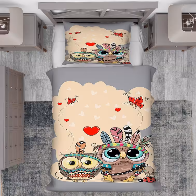 روتختی عروسکی طرح جغد‌ با پروانه‌های قرمز و زمینه‌ی قلب قلبی PK-2839a