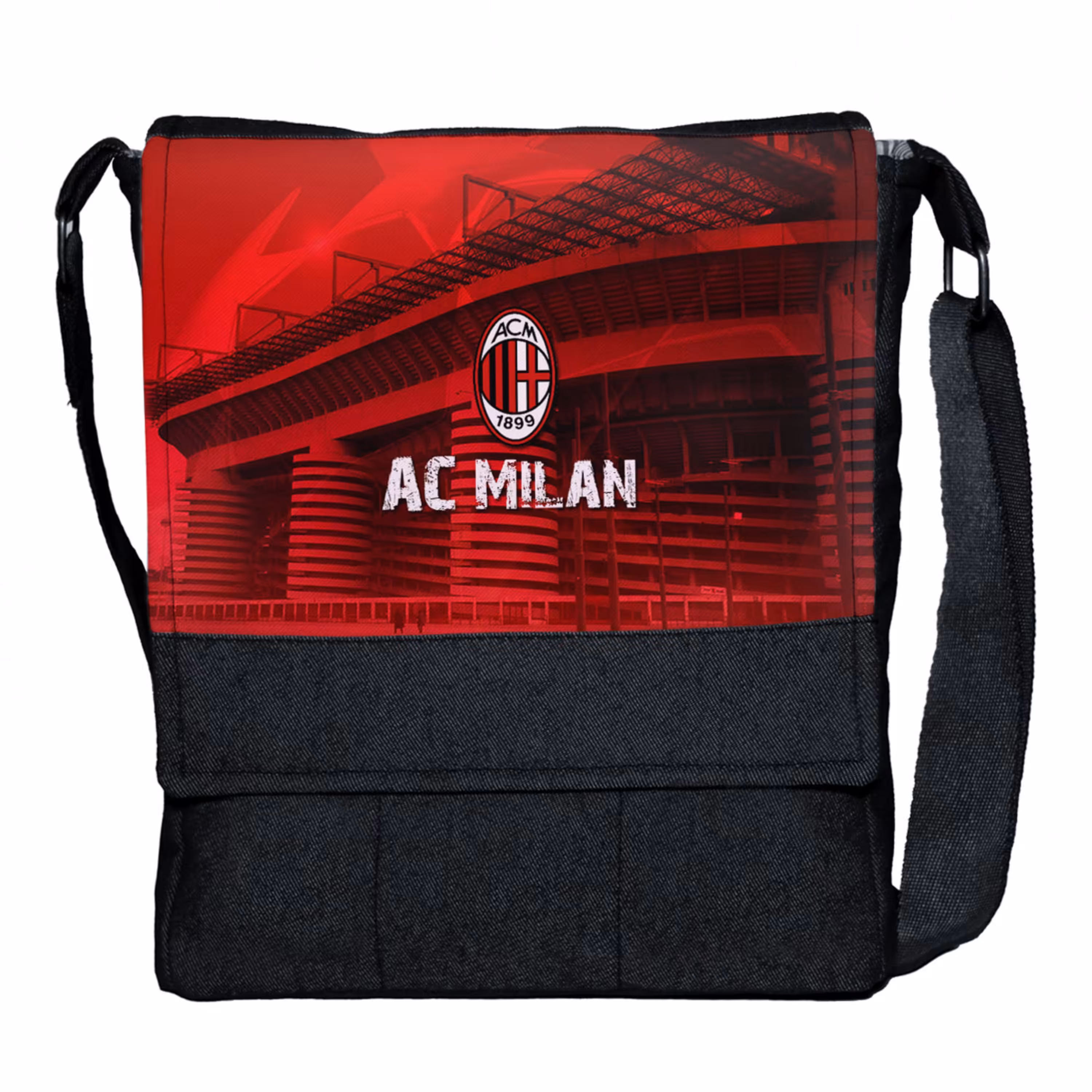 کیف دوشی چی چاپ طرح تیم فوتبال آث میلان با پارچه جین مشکی کد Ac milan