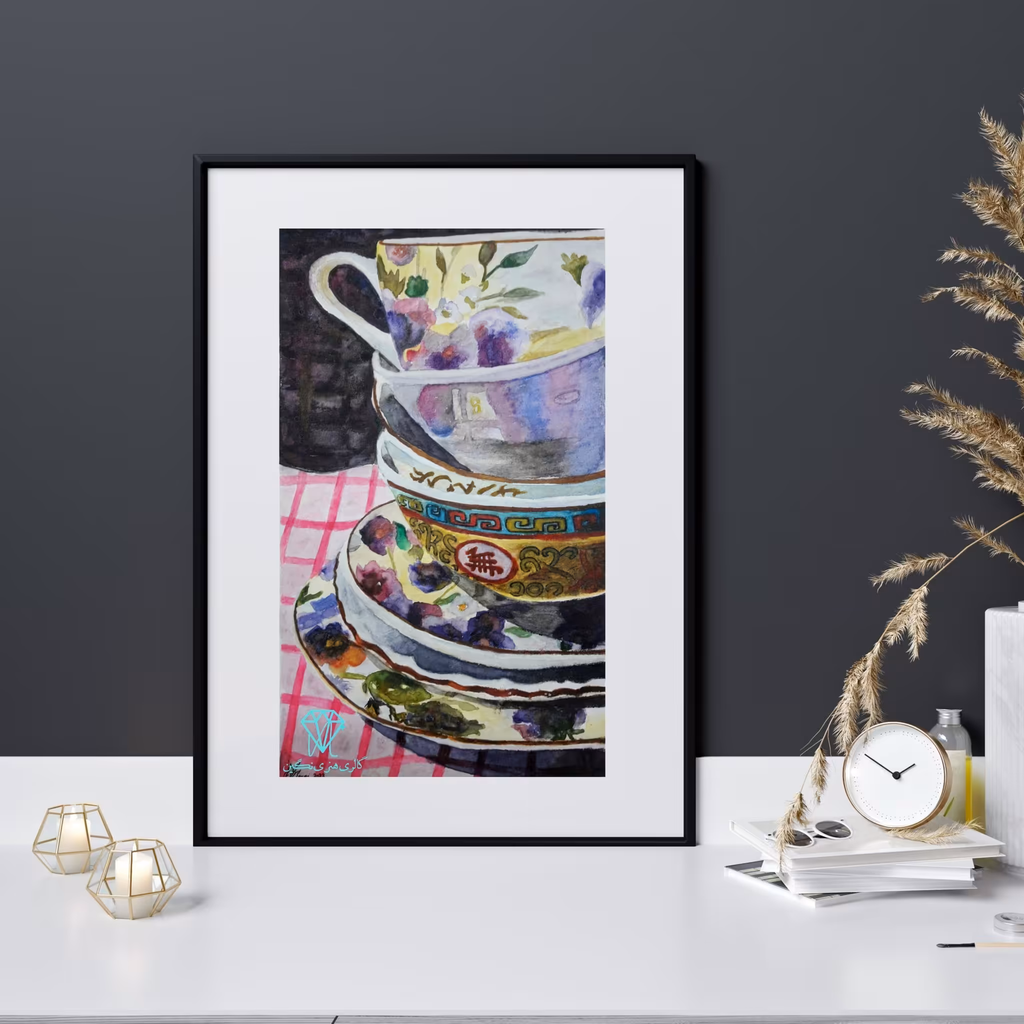 تابلو نقاشی آبرنگ  طرح کاسه چینی (دارای قاب  و پاسپارتو) با ابعاد 40 در 50