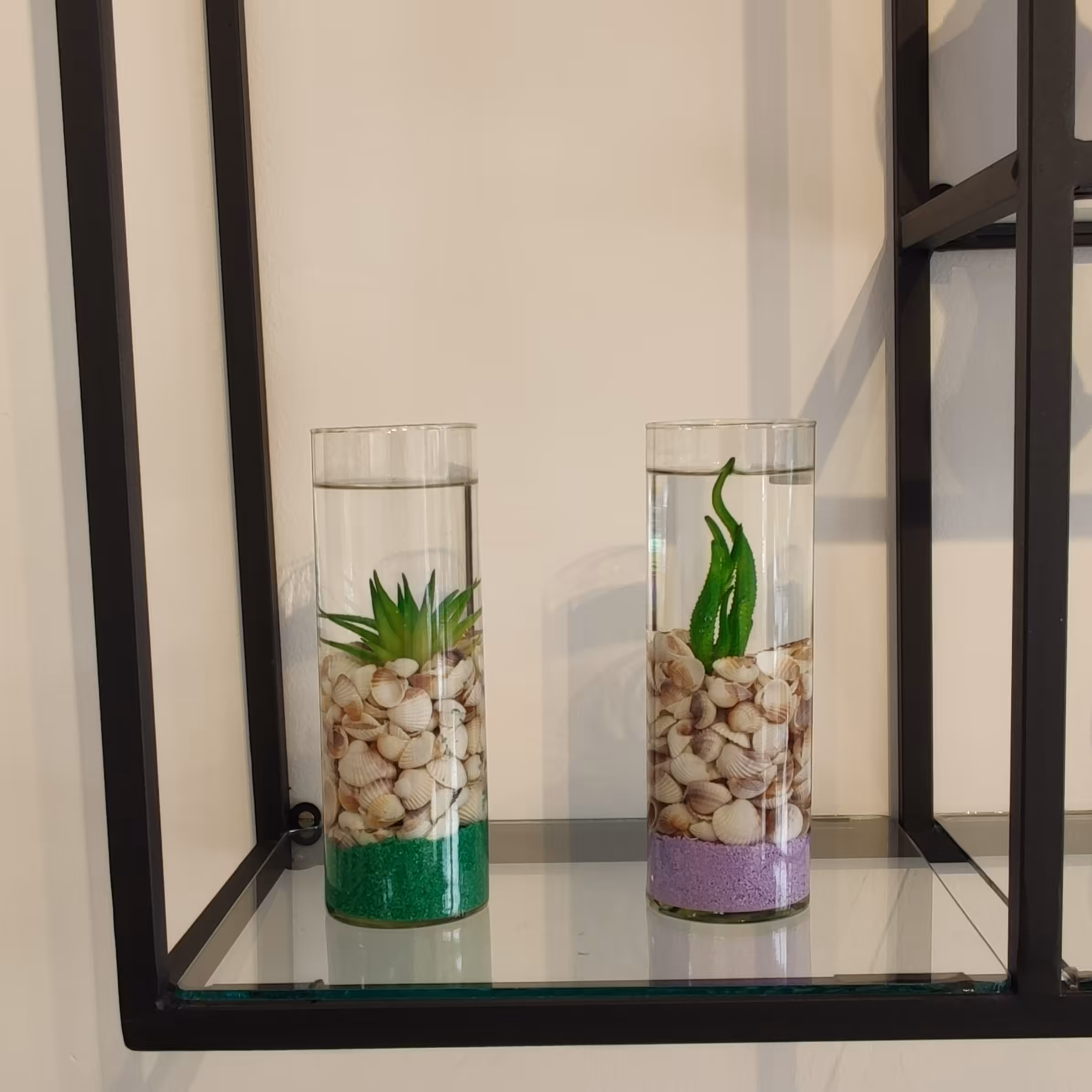 تنگ شیشه ای .کادویی و دکوری.فوق العاده شیک.شن رنگی همراه با صدف دریایی.