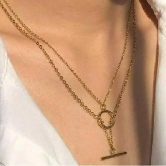 گردنبند دولاین استیل آبکاری شده طرح حلقه و میله