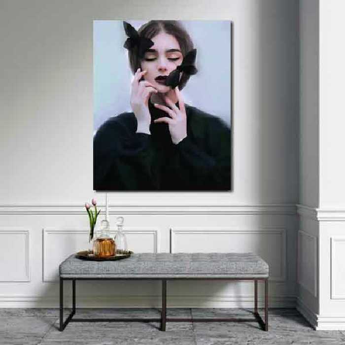 تابلو بوم چاپی لاویا طرح پرتره زن و پروانه کد ART-1852