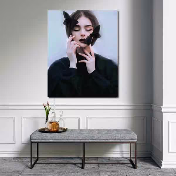 تابلو بوم چاپی لاویا طرح پرتره زن و پروانه کد ART-1852