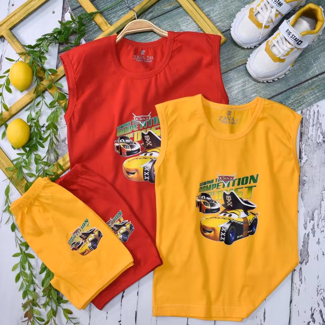 ست تاپ شورتک پسرانه ماشین زرد