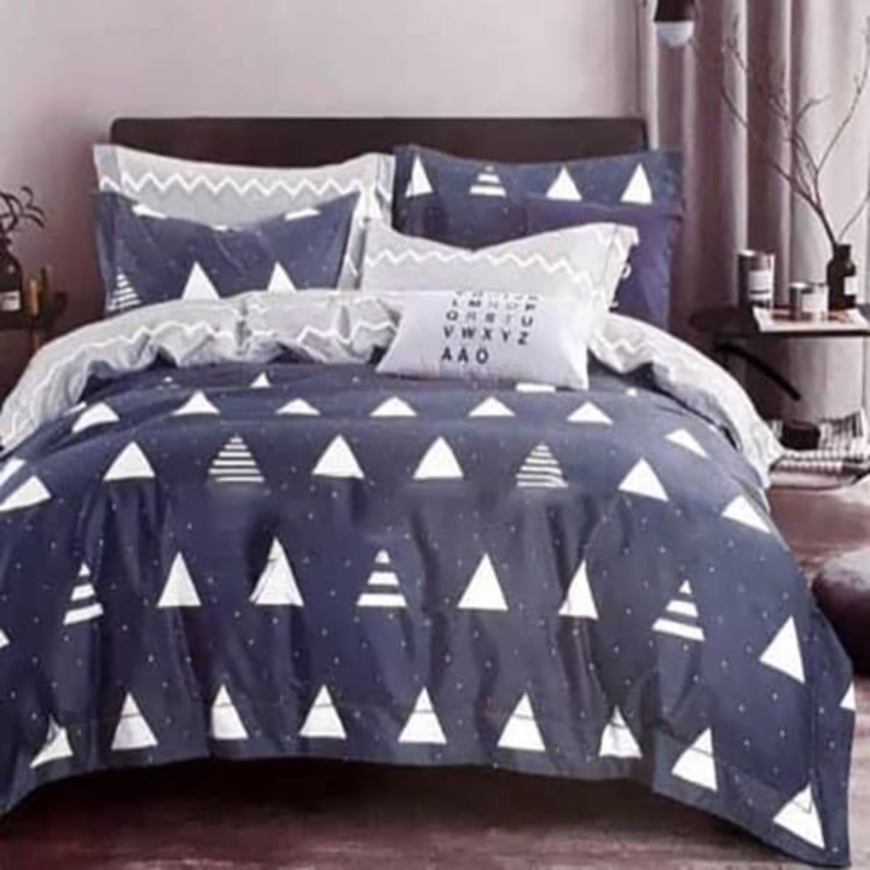 روتختی دونفره کتان شش تکه طرح کاج سورمه ای