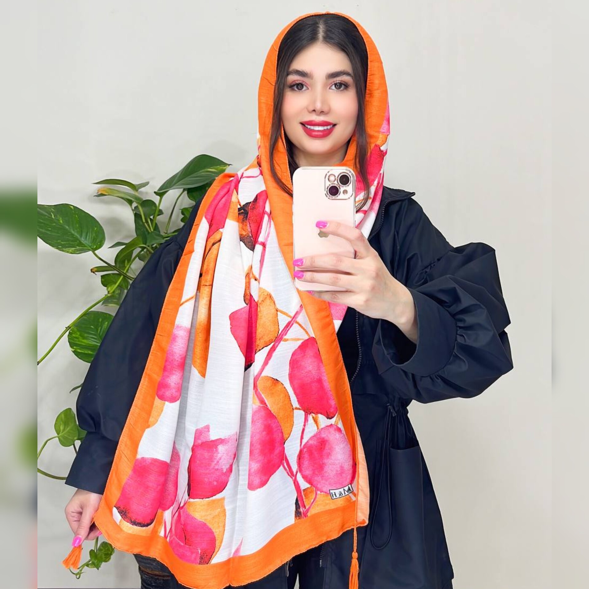 شال نخی خنک منگوله دار سفید نارنجی سرخابی (ارسال رایگان)