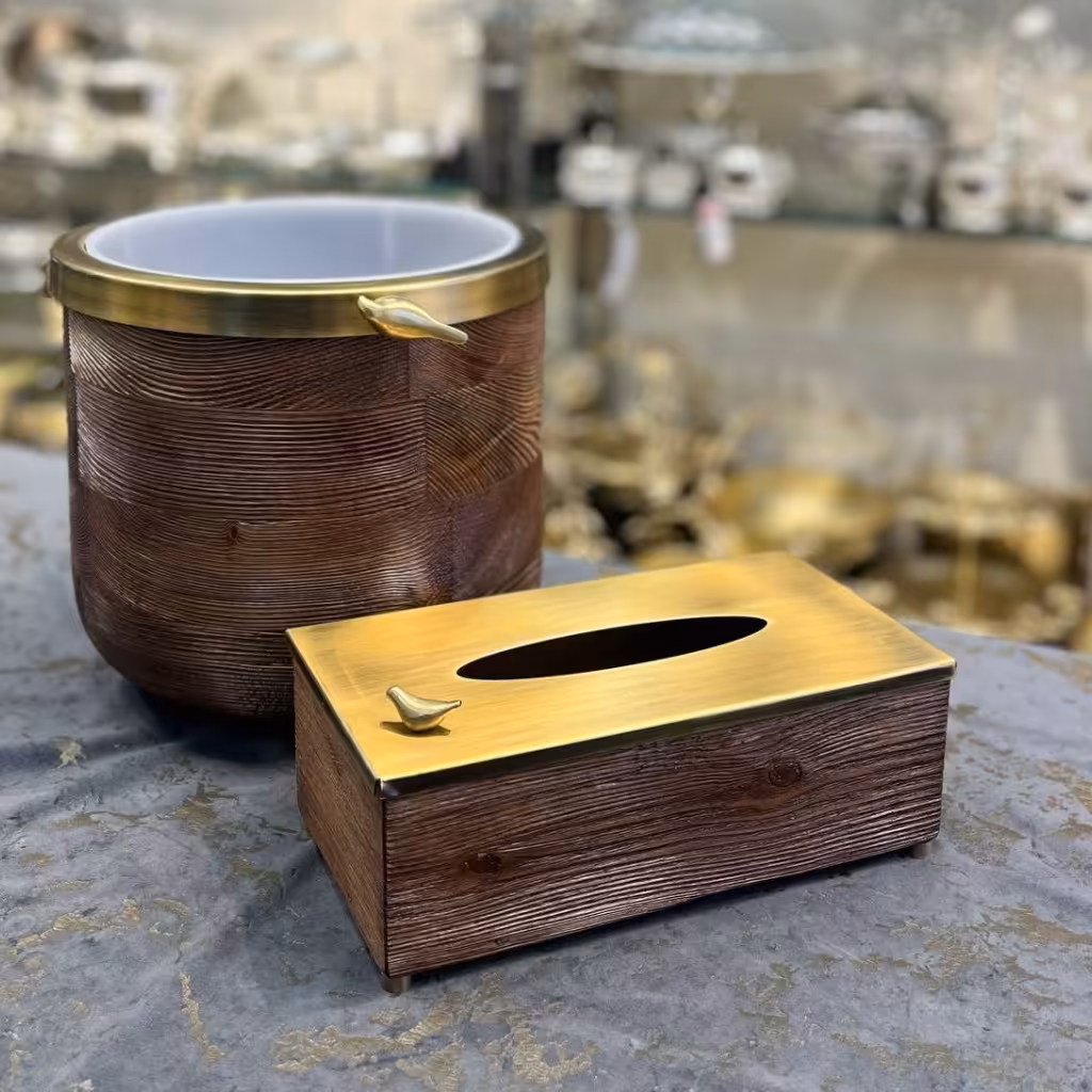 سطل و جعبه دستمال چوب و فلز
