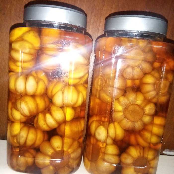 سیر ترشی 3ساله تولید خانگی مخلوطی از سرکه سیب طبیعی و سرکه صنعتی . محصول شمال کشور(لُرود)