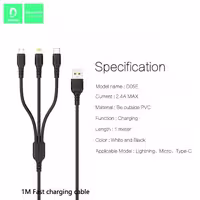 کابل تبدیل USB به لایتنینگ USB-C microUSB دنمن مدل MAX FOR 1 IN 3 PLUS طول 1 متر 

