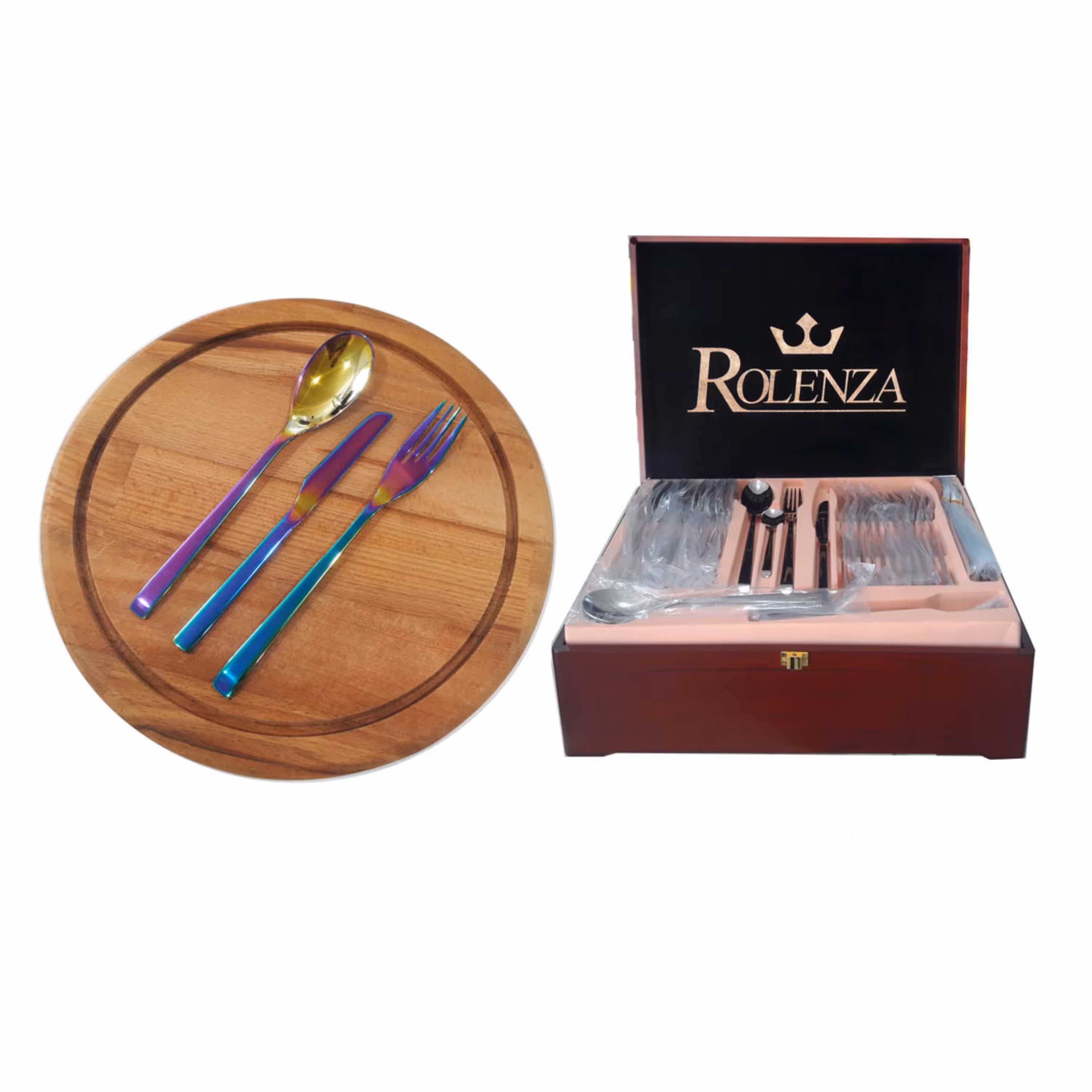 ست قاشق چنگال 157 پارچه 30 نفره کد D58 هفت رنگ با جعبه چوبی