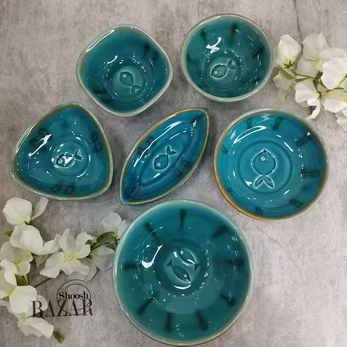 کاسه سفالی آبی طرح ماهی