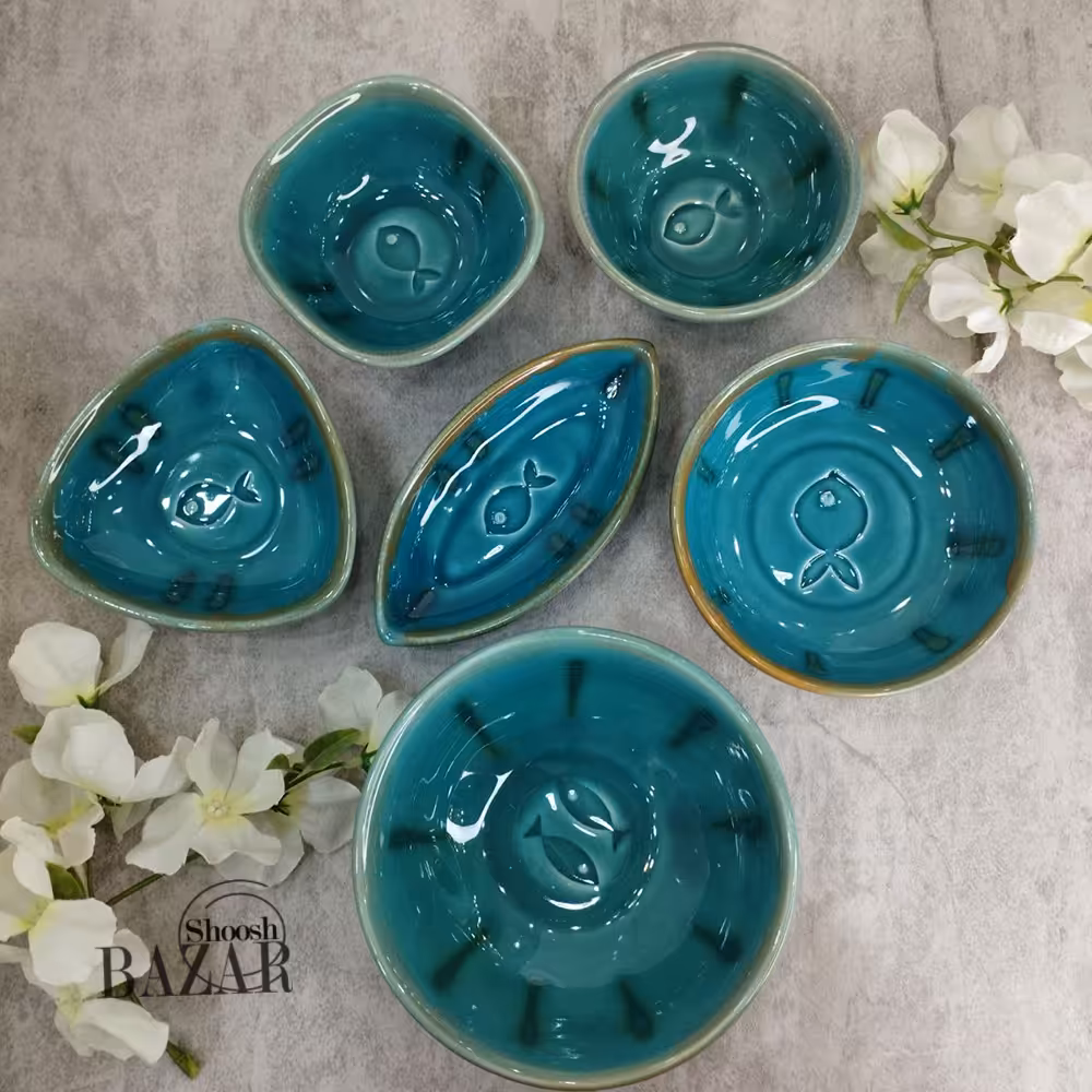 کاسه سفالی آبی طرح ماهی