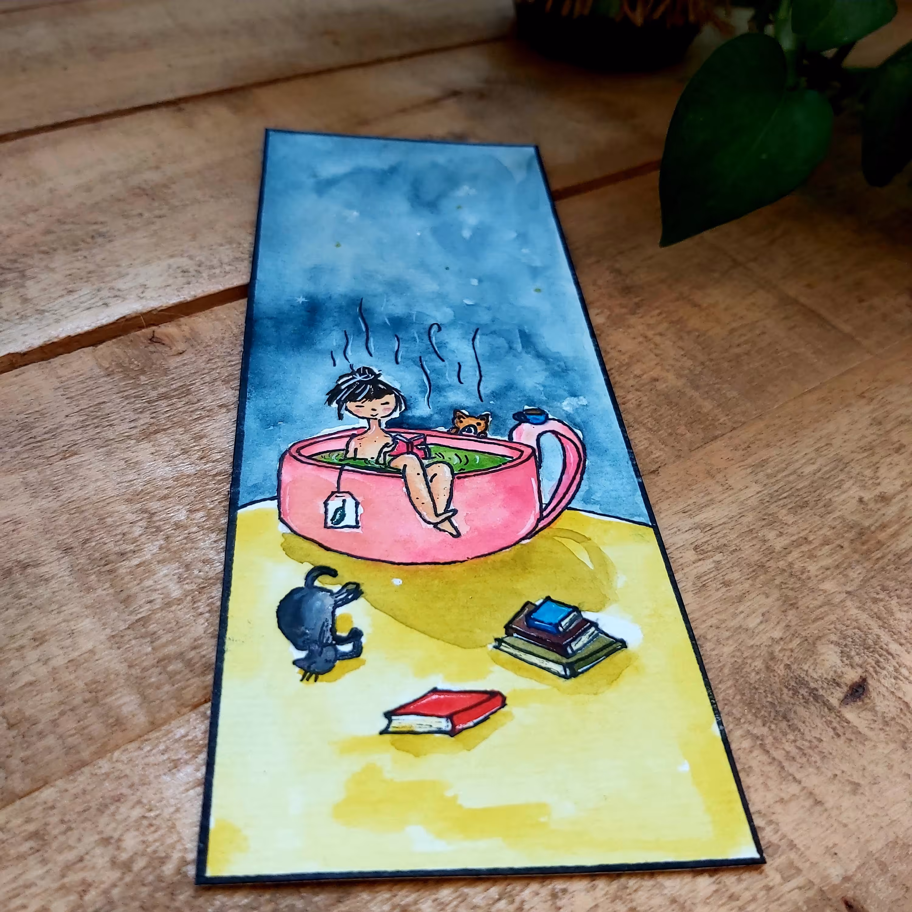 بوک مارک دختر فنجانی ،طراحی شده با دست،فاصله نگهدار کتاب،رنگ شده با آبرنگ و اکریلیک