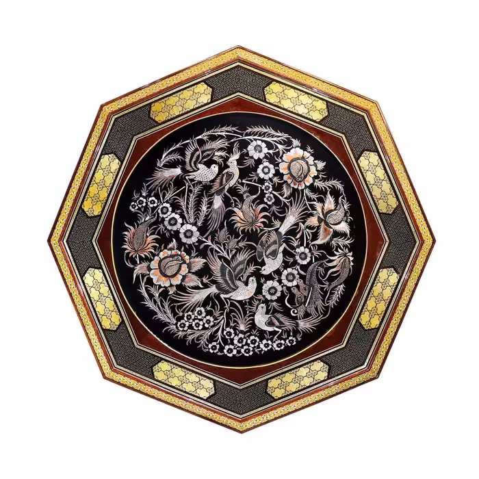 تابلو 8 ضلعی خاتم کاری اعلا همراه با پلاک قلم زنی  3 بعدی روی مس طرح گل و مرغ(گارانتی 120 ماهه)