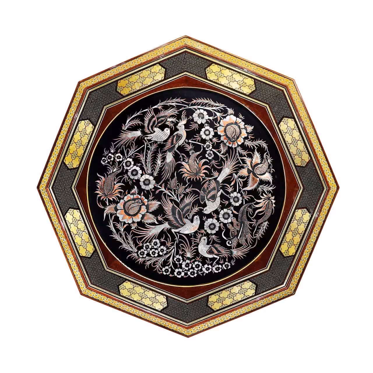 تابلو 8 ضلعی خاتم کاری اعلا همراه با پلاک قلم زنی  3 بعدی روی مس طرح گل و مرغ(گارانتی 120 ماهه)