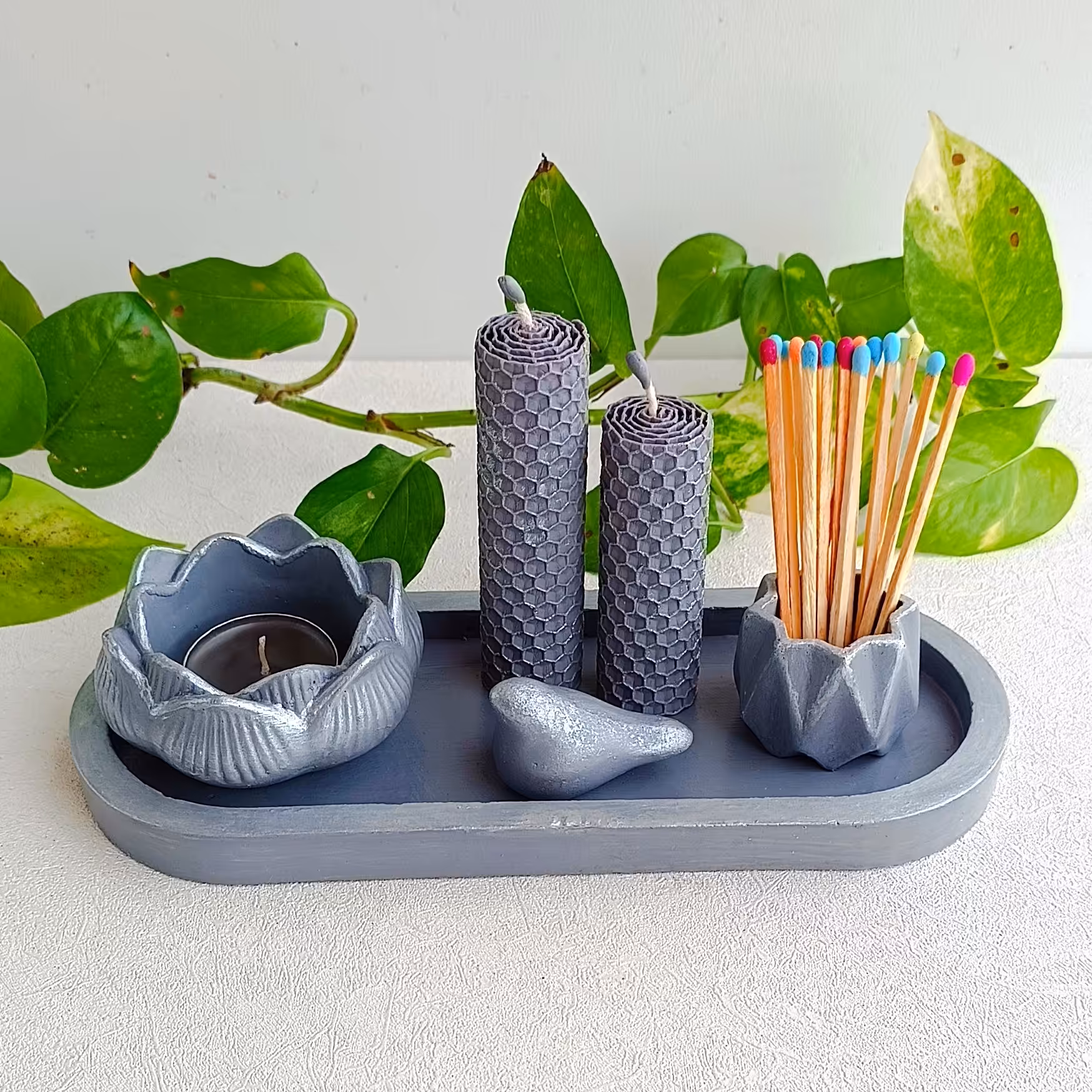 ست جاشمعی و شمع طوسی نقره ای -  ست شمع هدیه -  پک هدیه - شمع دکوری - شمع دکوراتیو