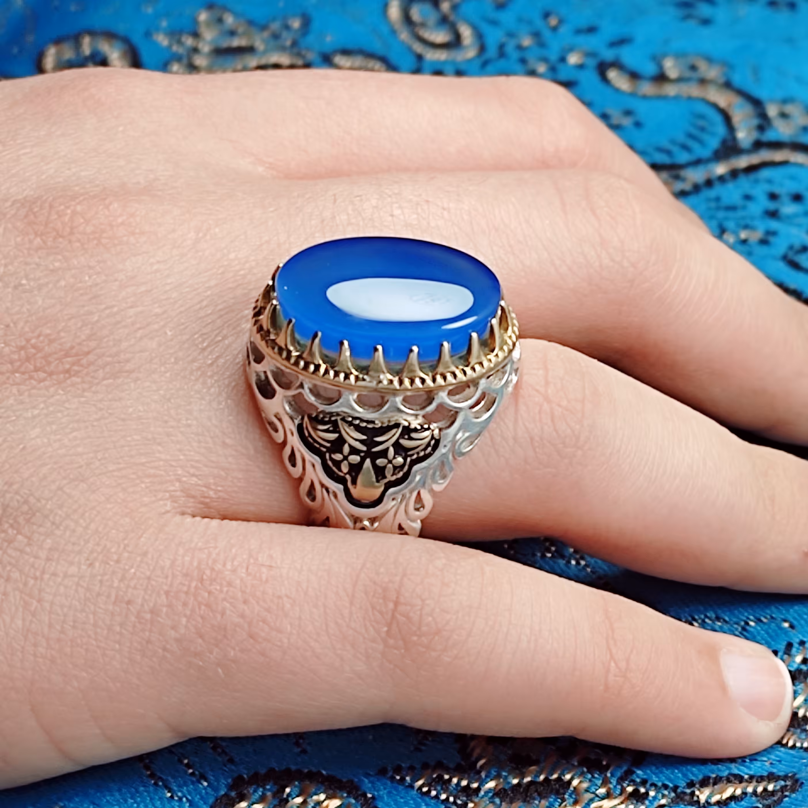 انگشتر  نقره مردانه عقیق آبی تیره  