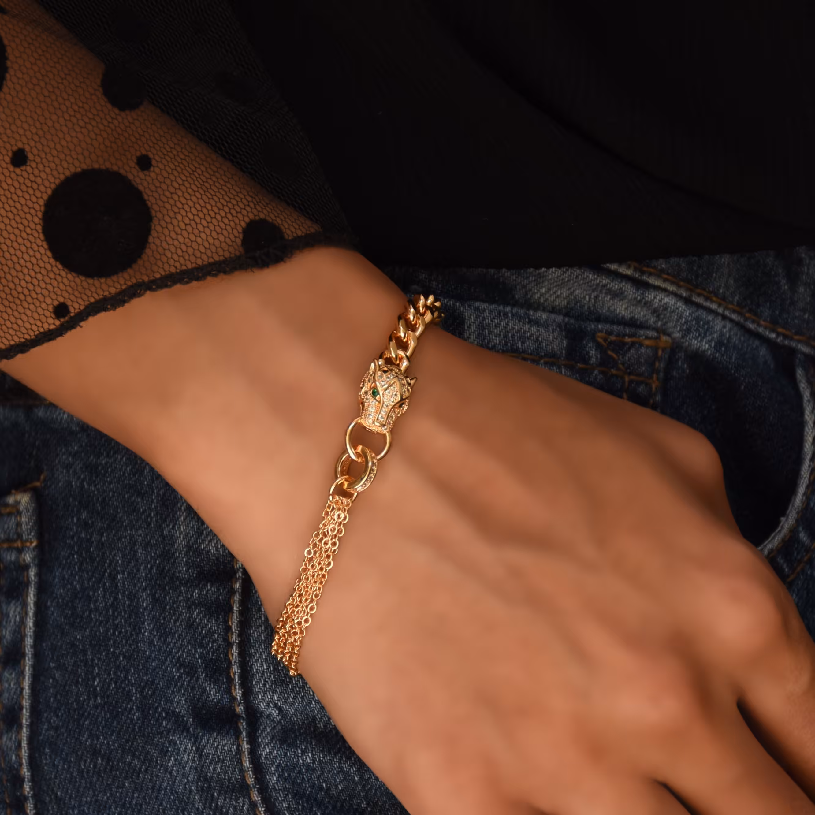 دستبند تایگر یا ببر، فول نگین، کاملا مشابه طلا رنگ ثابت و ضد حساسیت