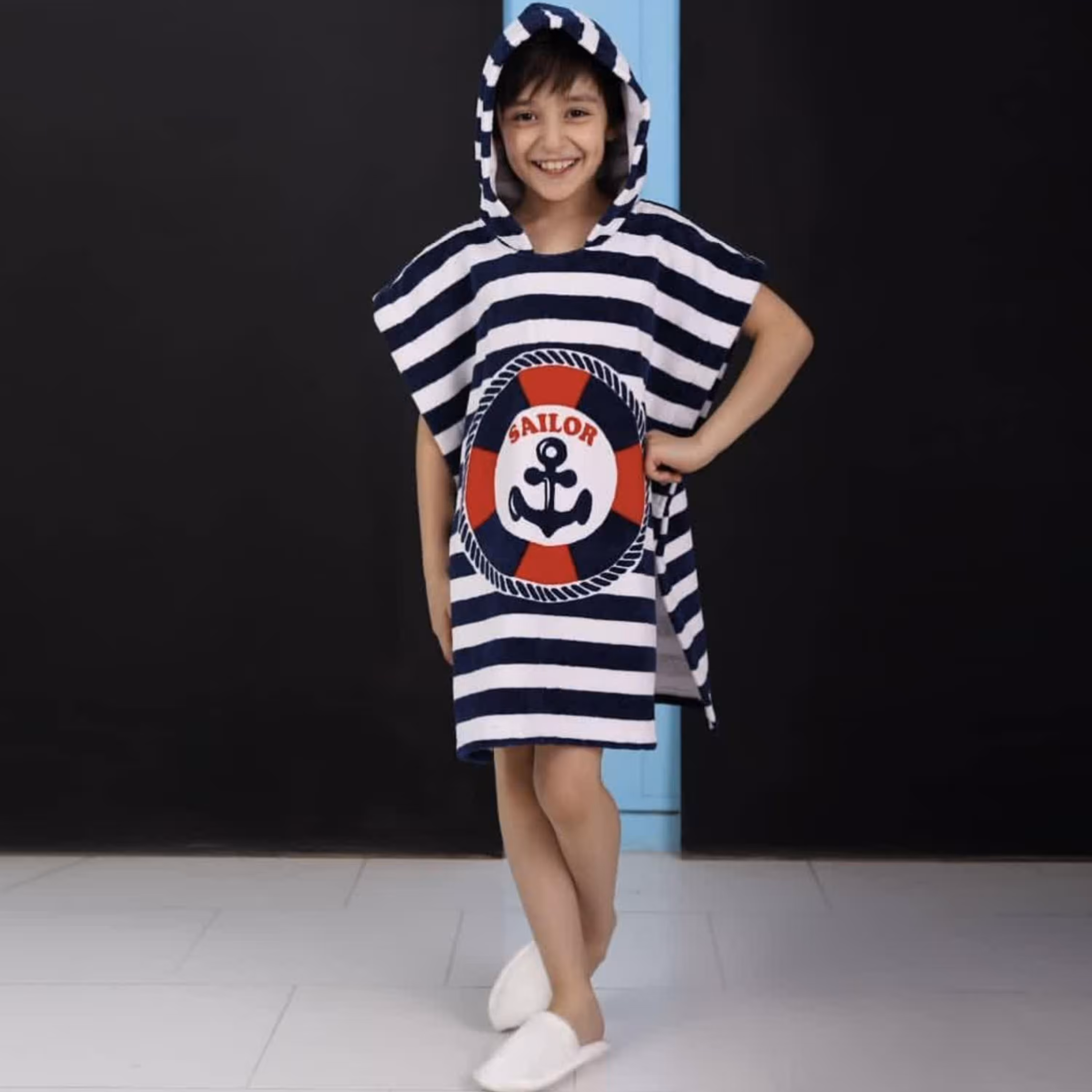 حوله پانچو پودایران طرح ملوان سرمه ای سایز 70 آزاد (100درصد پنبه) ضد حساسیت