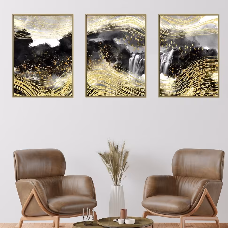تابلو دکوراتیو آبشار وخطوط طلایی سه تکه