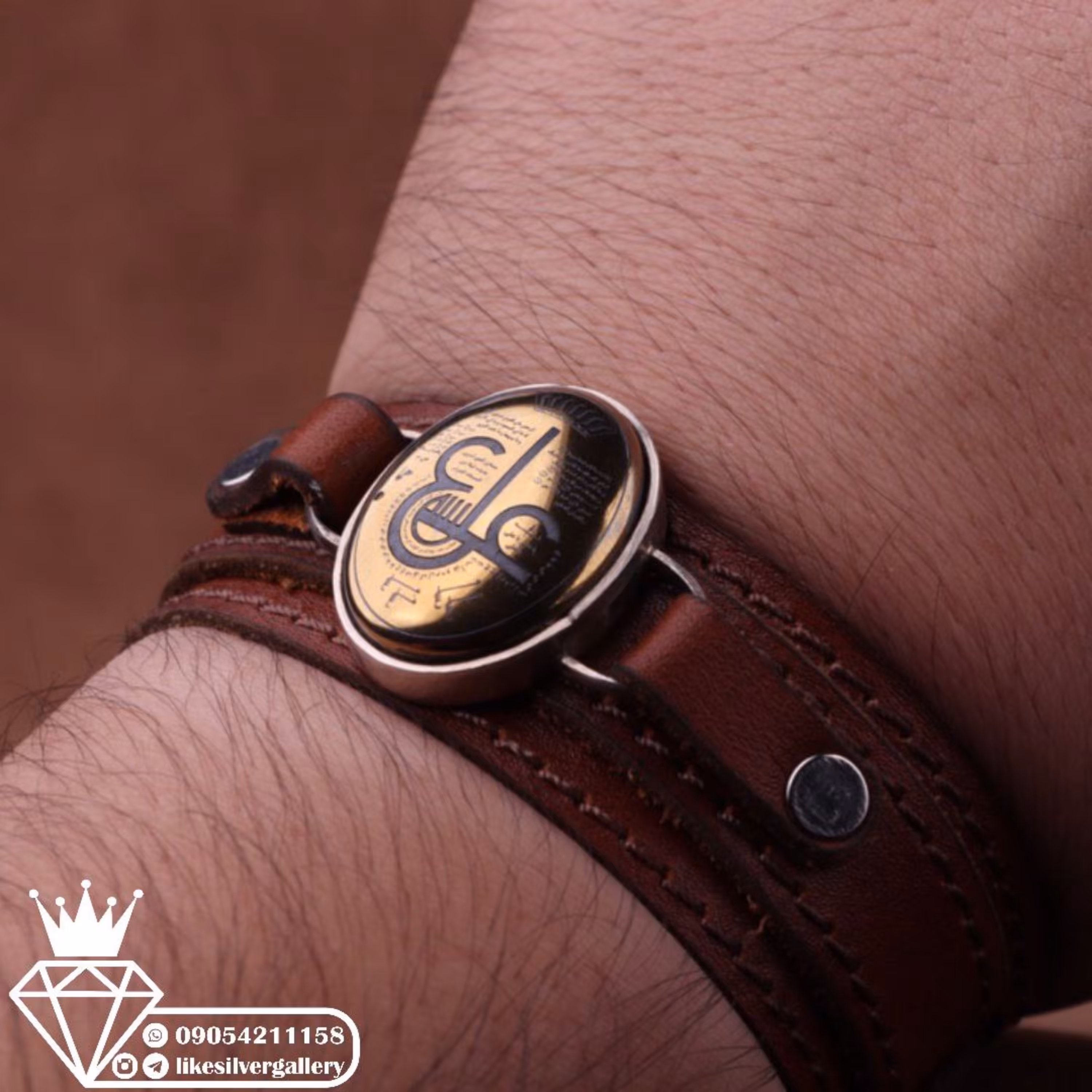 دستبند حدید صینی خطی نقش عین علی چرم گاوی طبیعی ارسال رایگان