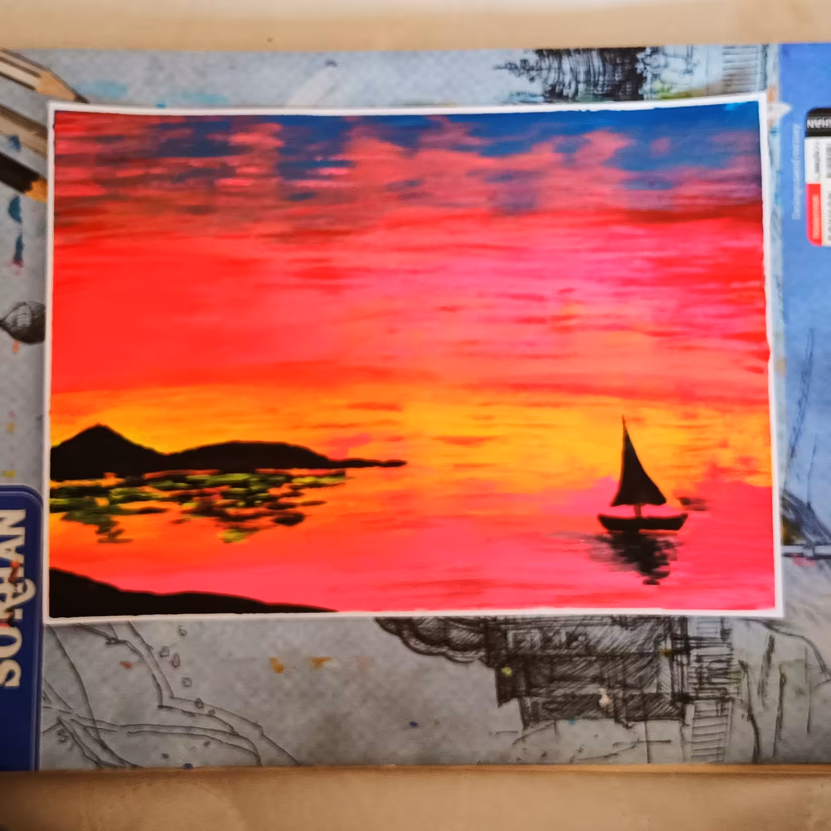 نقاشی تکنیک آکریلیک غروب آفتاب A4