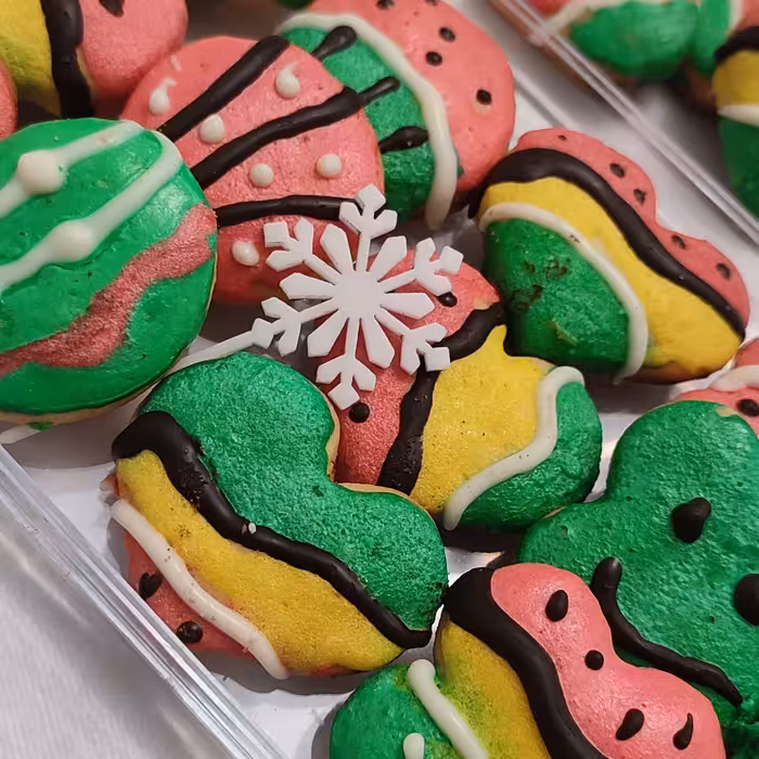 شیرینی کوکی یلدایی ،کوکی باروکش آیسینگ وزن خالص 170 گرم تعداد 18 عدد ابعاد بسته بندی سانت 27در12سانت