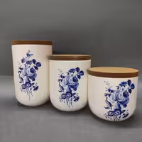 ست بانکه استوانه ای سرامیکی در چوبی در سه سایز مختلف طرح گل آبی