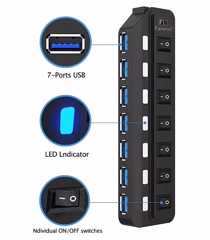 هاب 7 پورت USB3.0 همراه آداپتور فرانت مدل fn-u3h701s