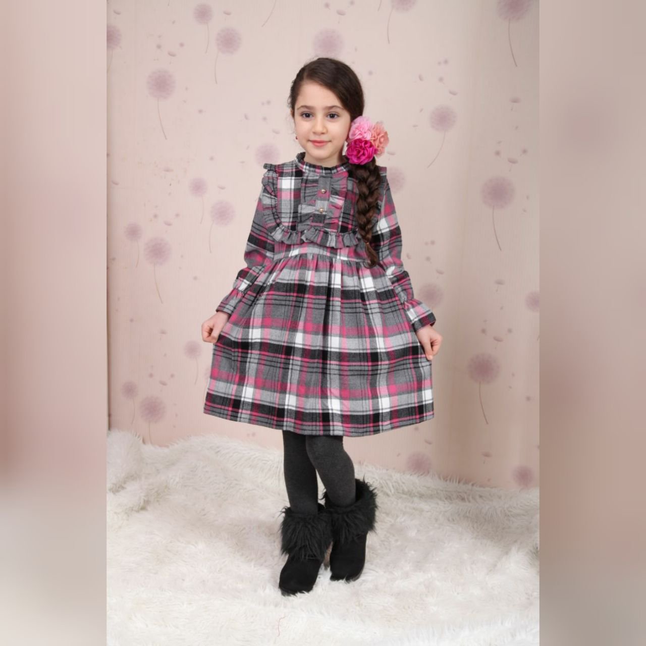 پیراهن کشمیر صورتی چهارخونه دخترانه کد 351n