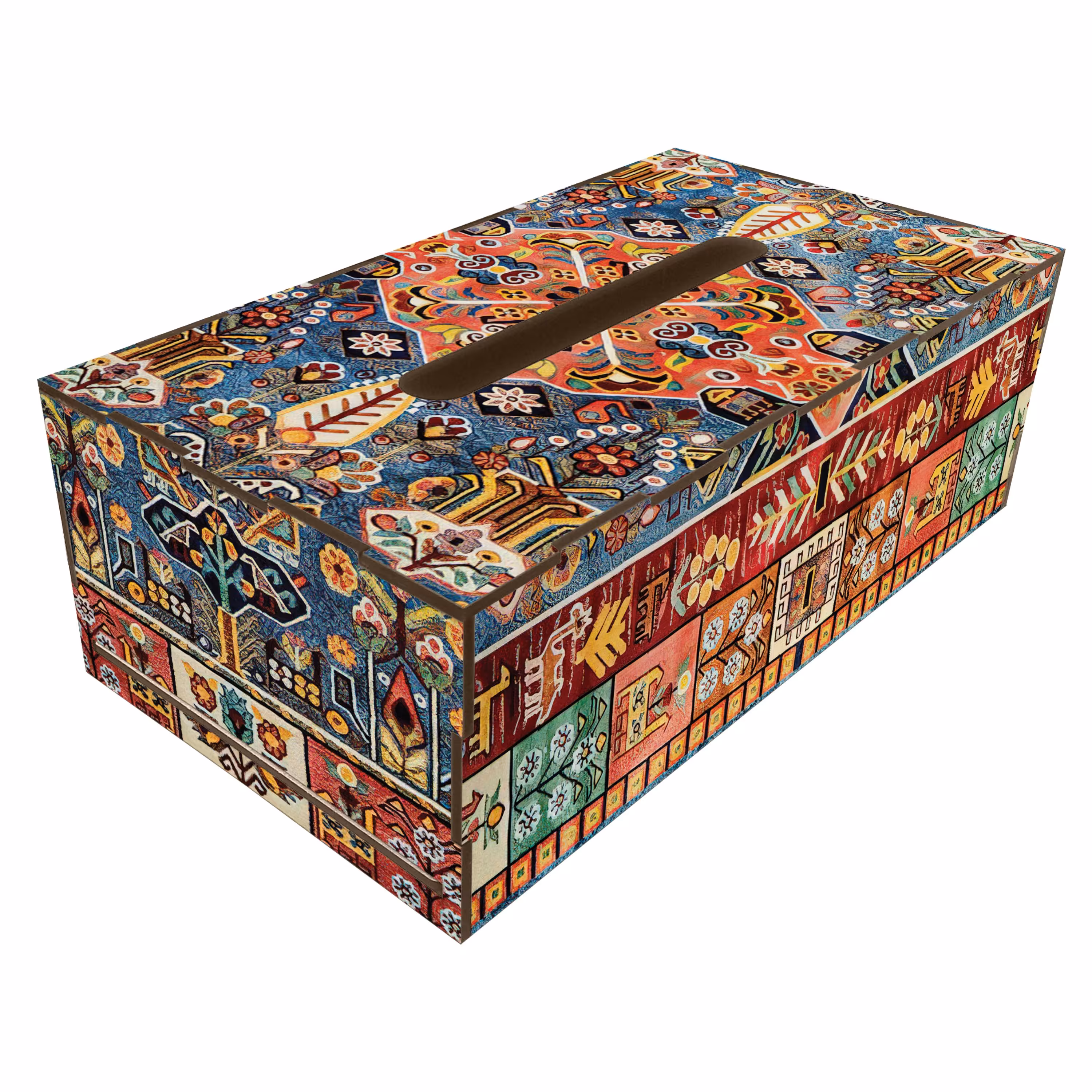 جعبه دستمال کاغذی چوبی طرح دار مدل TB107 طرح قالی عشایری