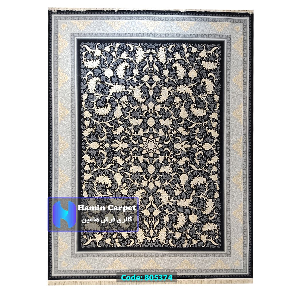 فرش 6 متری 700شانه تراکم 2550 نخ آکلریک رنگ زمینه سرمه ای طلاکوب کد AR805374