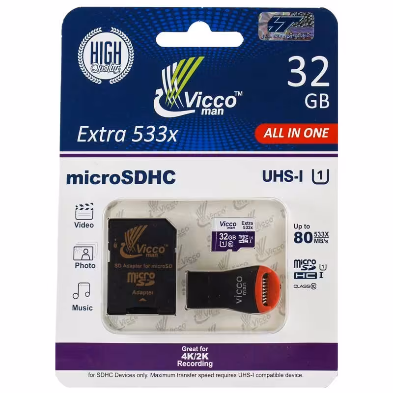رم میکرو ویکومن Vicco 80MB/s 32GB + رم ریدر
Viccoman microSD Class 10 UHS- I 80MB/s 533X 32GB Memory