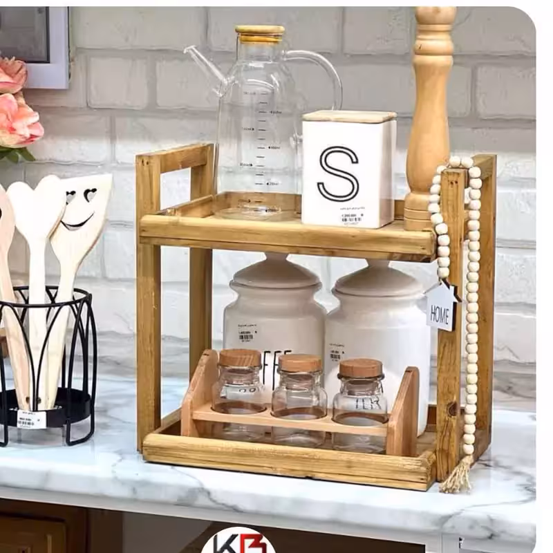 استند چوبی دوطبقه دسته بغل استند چوبی ادویه استند نظم دهنده آشپزخانه
