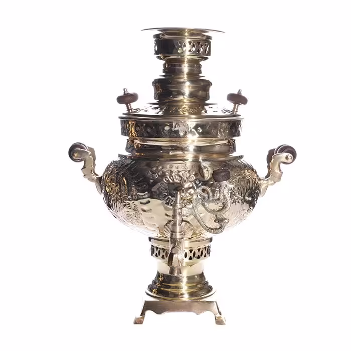 سماور برنجی 6 لیتری مدل عدسی قلم کاری