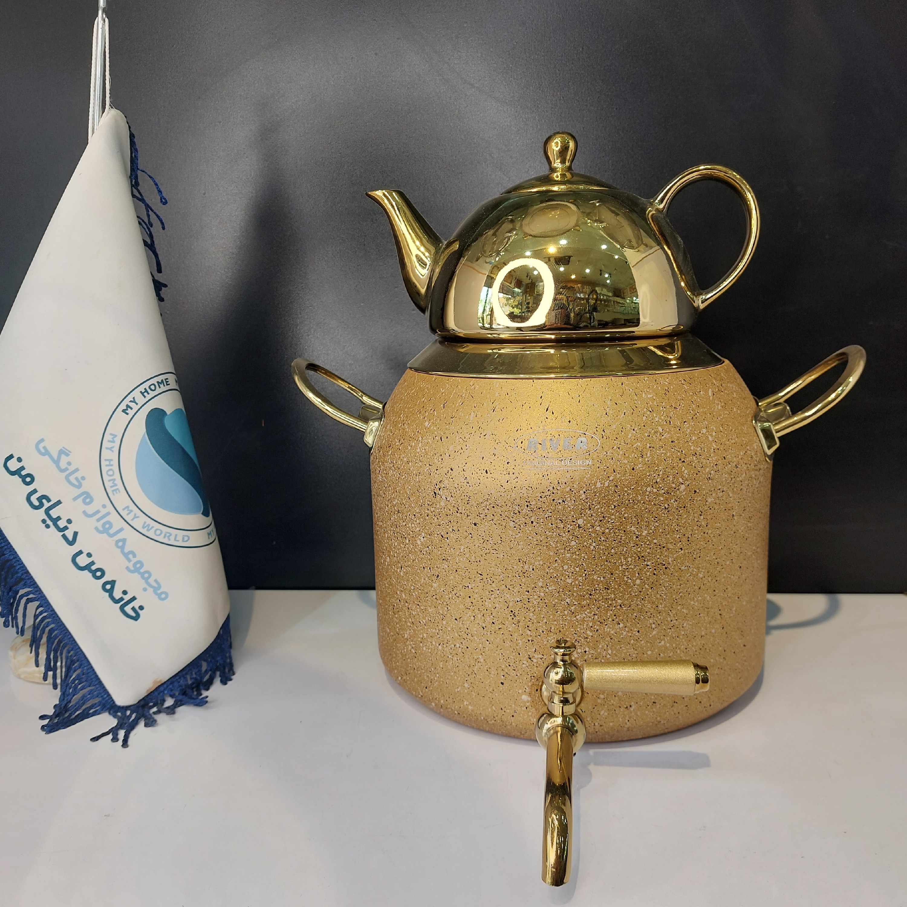 کتری قوری گرانیتی شیردار  ریور   River سرمه ای6 لیتری قوری چینی طلایی