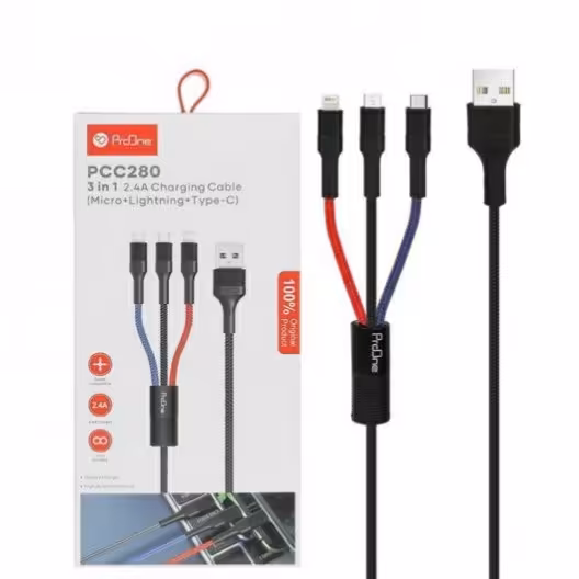 کابل شارژ ر 3 سر USB به USB-C / microUSB / LIGHTNING پرووان (ProOne) مدل PCC280 