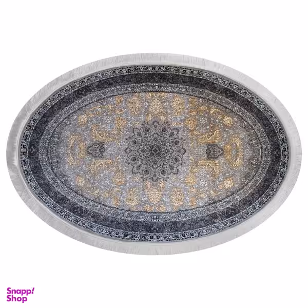 فرش ماشینی مدل بیضی طرح شاهسوند زمینه نوک مدادی