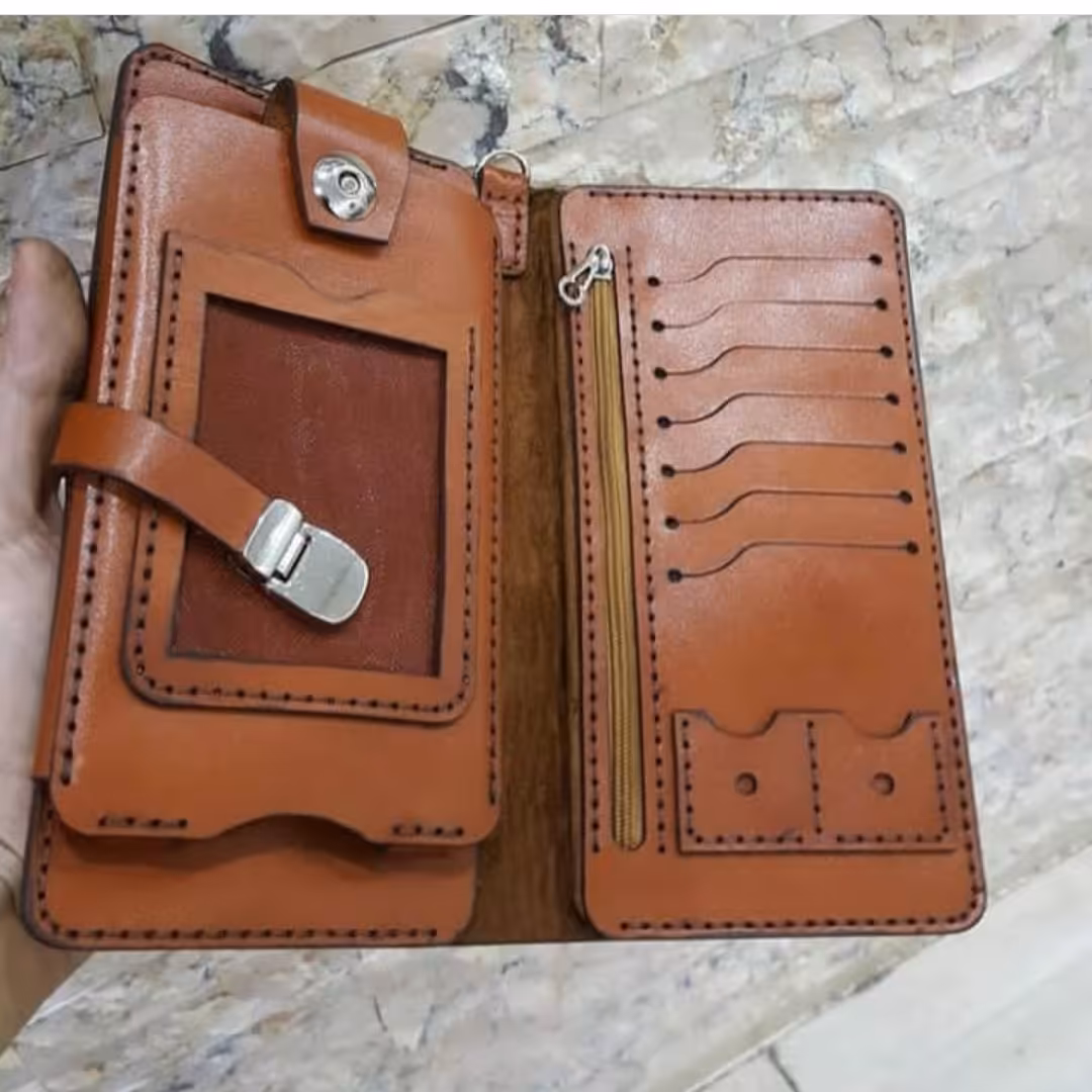 کیف پول چرم دولت قفل دار جادار  دستدوز