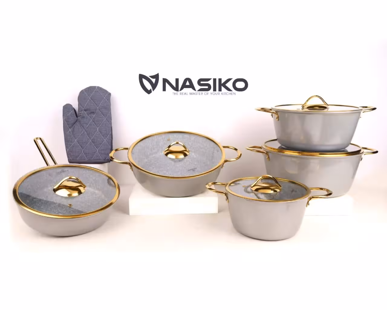 سرویس قابلمه گرانیت برند ناسیکو مدل طلایی 11پارچه رنگ نقره ای