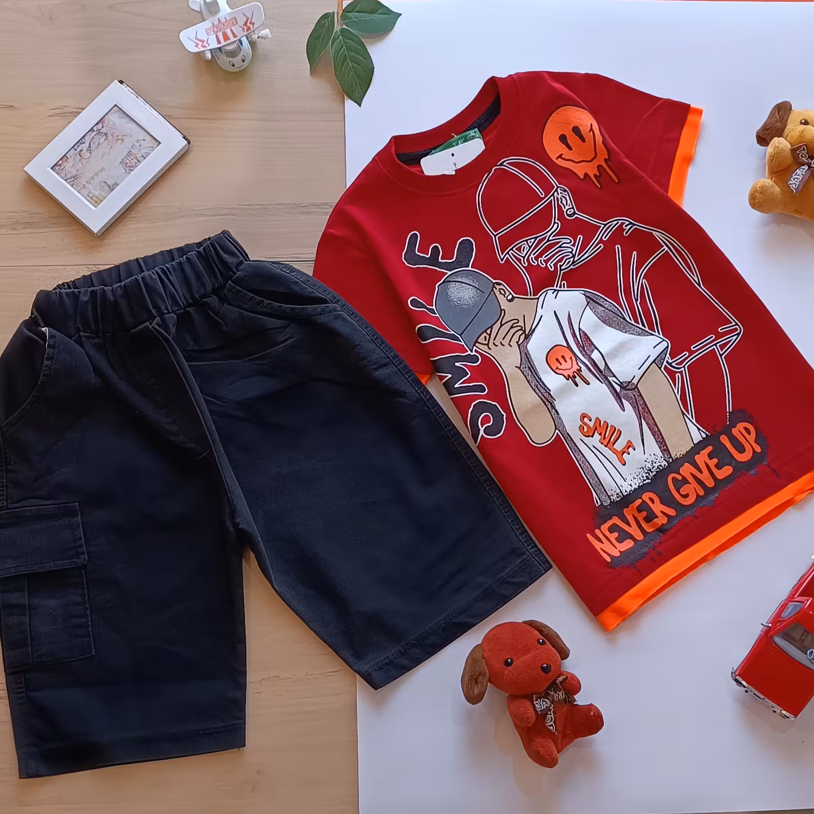 لباس بچه ست دو تکه تیشرت و شلوارک پسرانه طرح اسمایل لباس کودک  لباس پسرانه  ست پسرانه تیشرت پسرانه  لباس بچگانه 