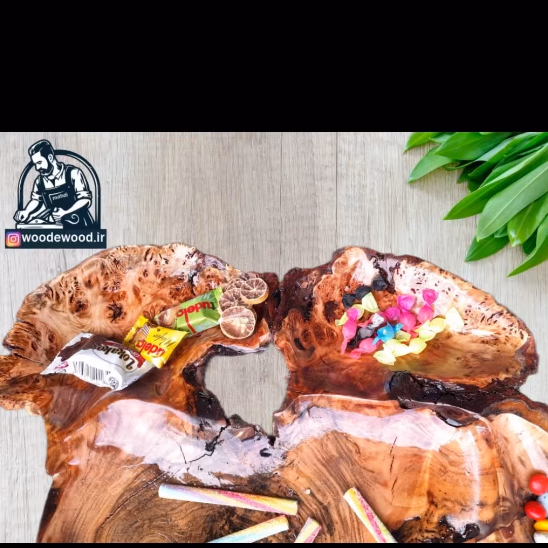 ظرف چوبی اردو خوری میوه خوری   کادویی شیک لاکچری ظرفی بزرگ برای جلو مبلی شکلات خوری روستیک  جوش دار 