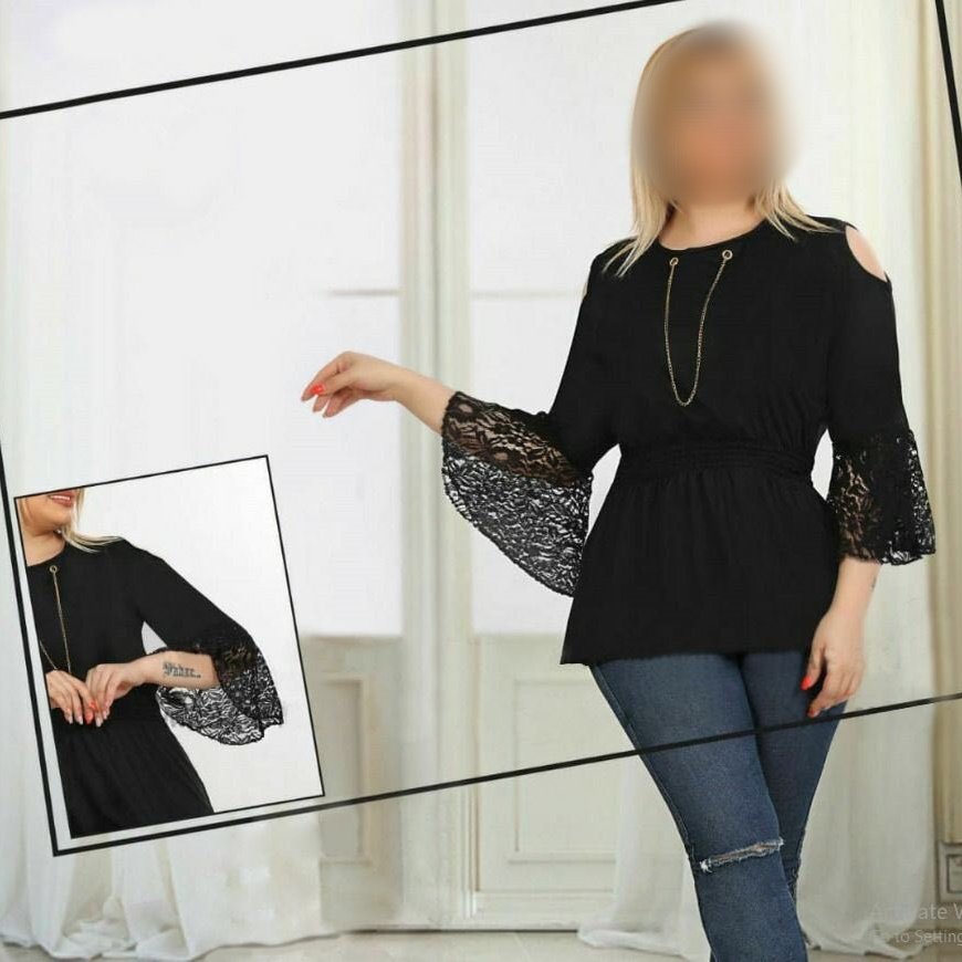 شومیز زنانه زنجیر دار سرشانه خالی آستین کلوش جنس کرپ کش(تک رنگ مشکی)