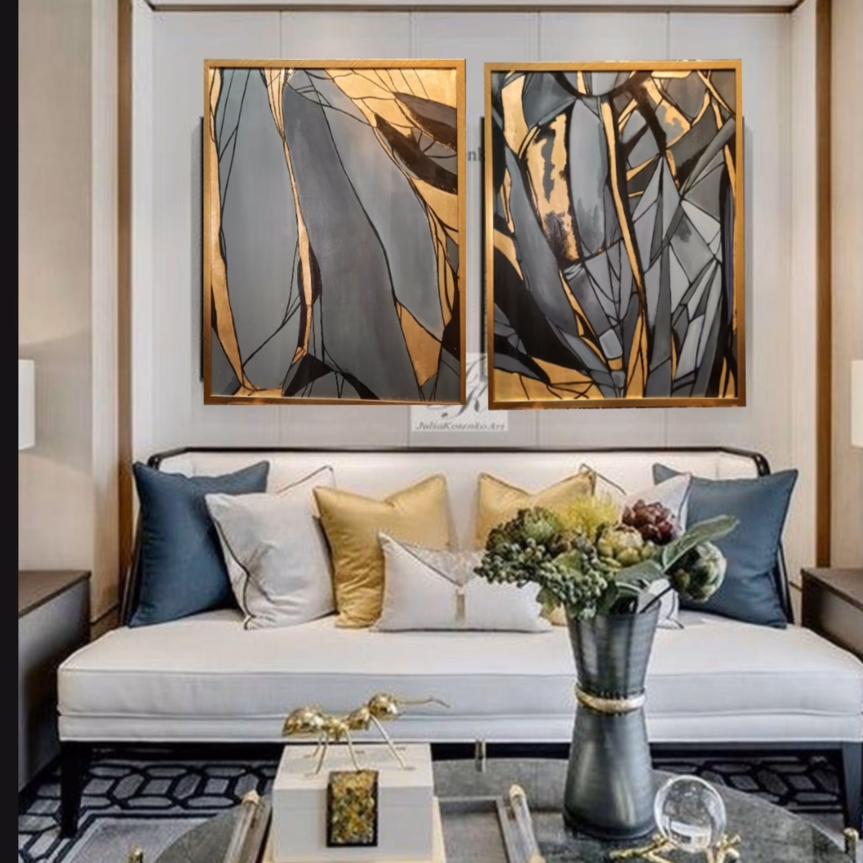 تابلو نقاشی مدرن  دو لت ورق طلا طرح خاص