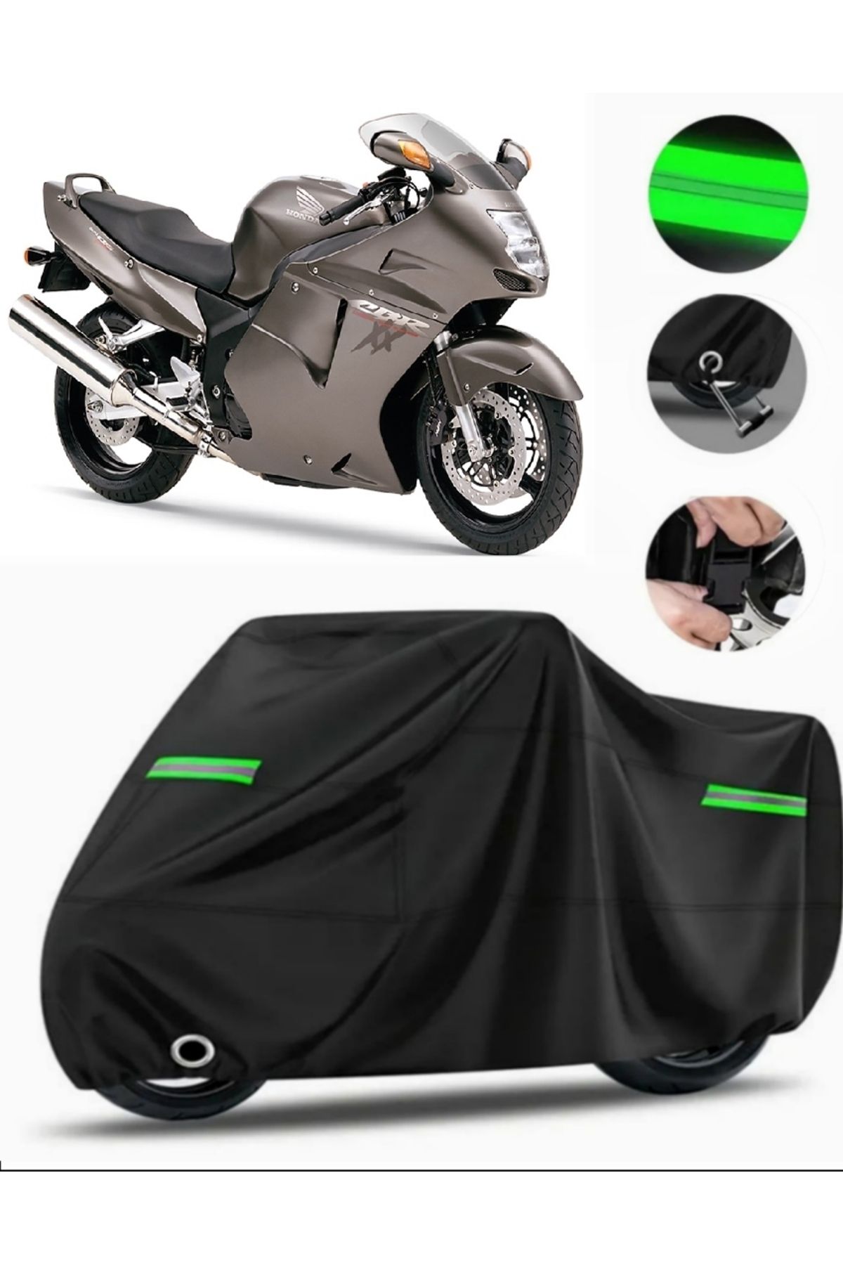 چادر موتورسیکلت مشکی HONDA CBR 1100 XX با برزنت موتور سیکلت سازگار قفل سیاه MPRO9002 MotoEn